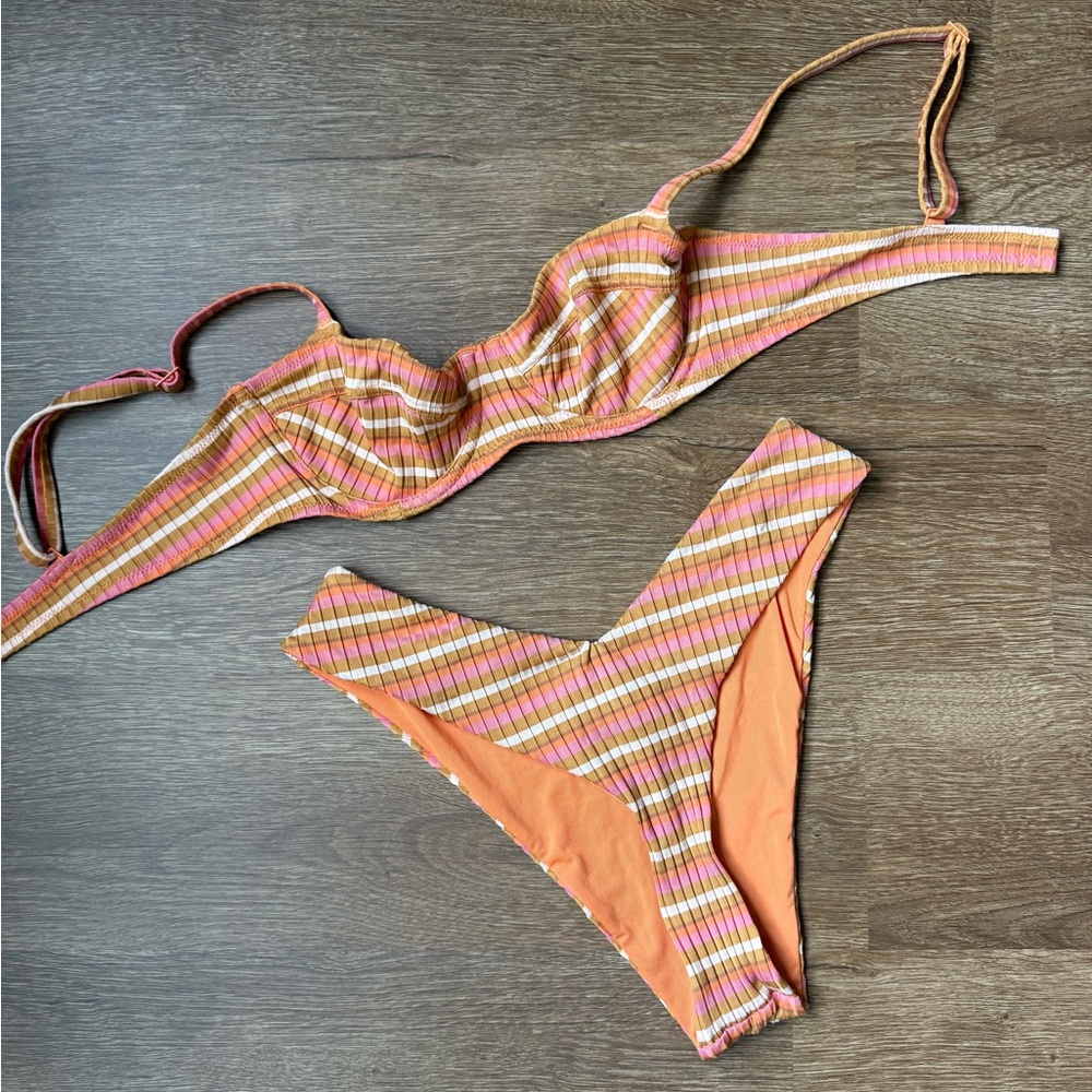 AERIE BROWN, PINK, STRIPED UNDERWIRE HIGH LEG V CUT RIBBED BIKINI 32C & SMALL